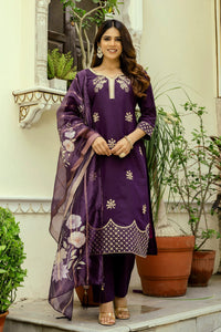 Wine Chanderi Embroidered Suit Set