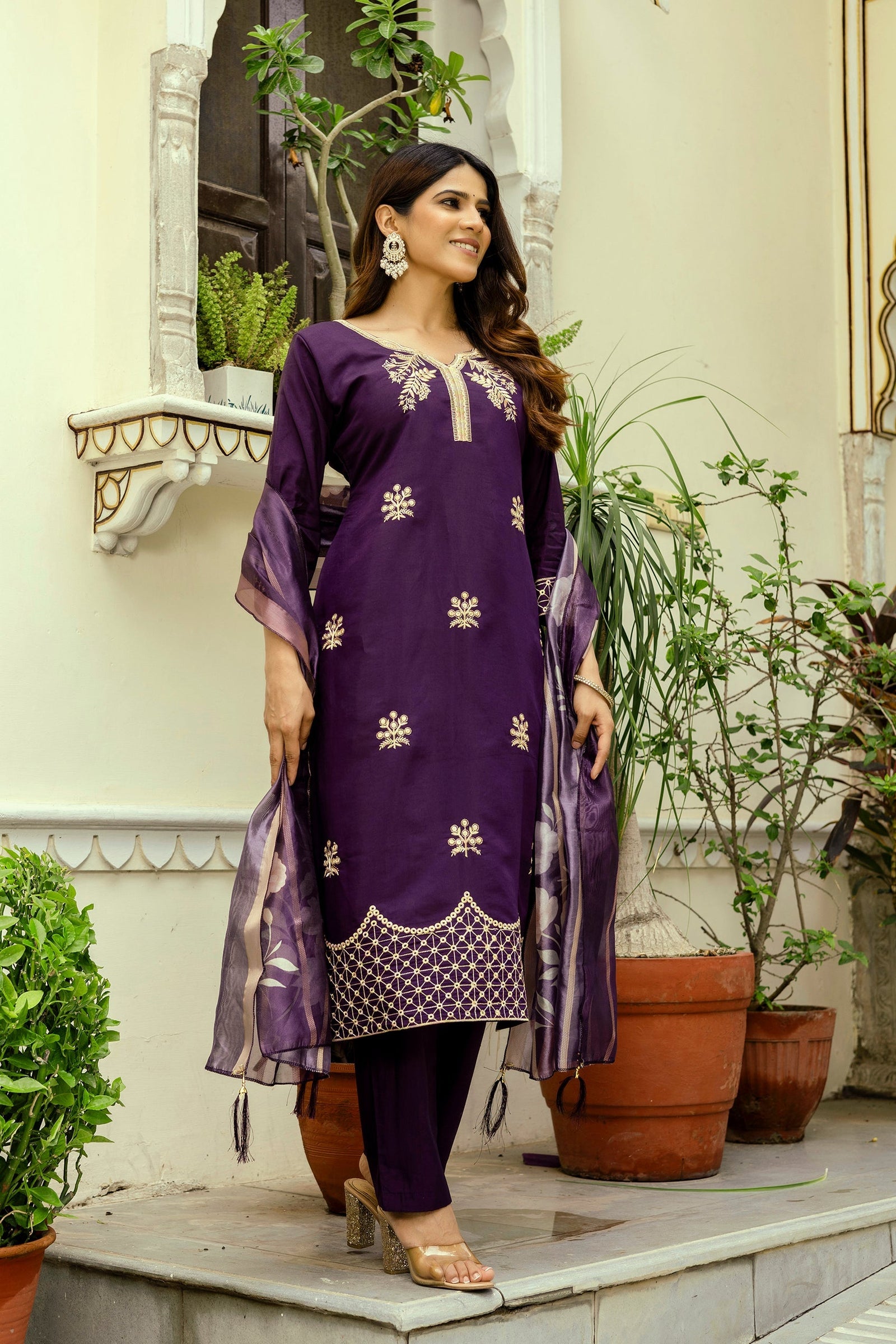 Wine Chanderi Embroidered Suit Set