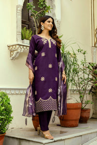 Wine Chanderi Embroidered Suit Set