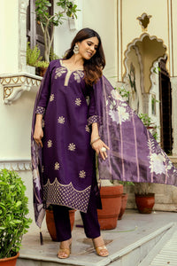 Wine Chanderi Embroidered Suit Set