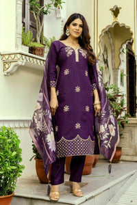 Wine Chanderi Embroidered Suit Set