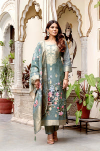 Grey Chanderi Cotton Printed Suit Set