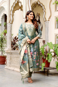 Grey Chanderi Cotton Printed Suit Set