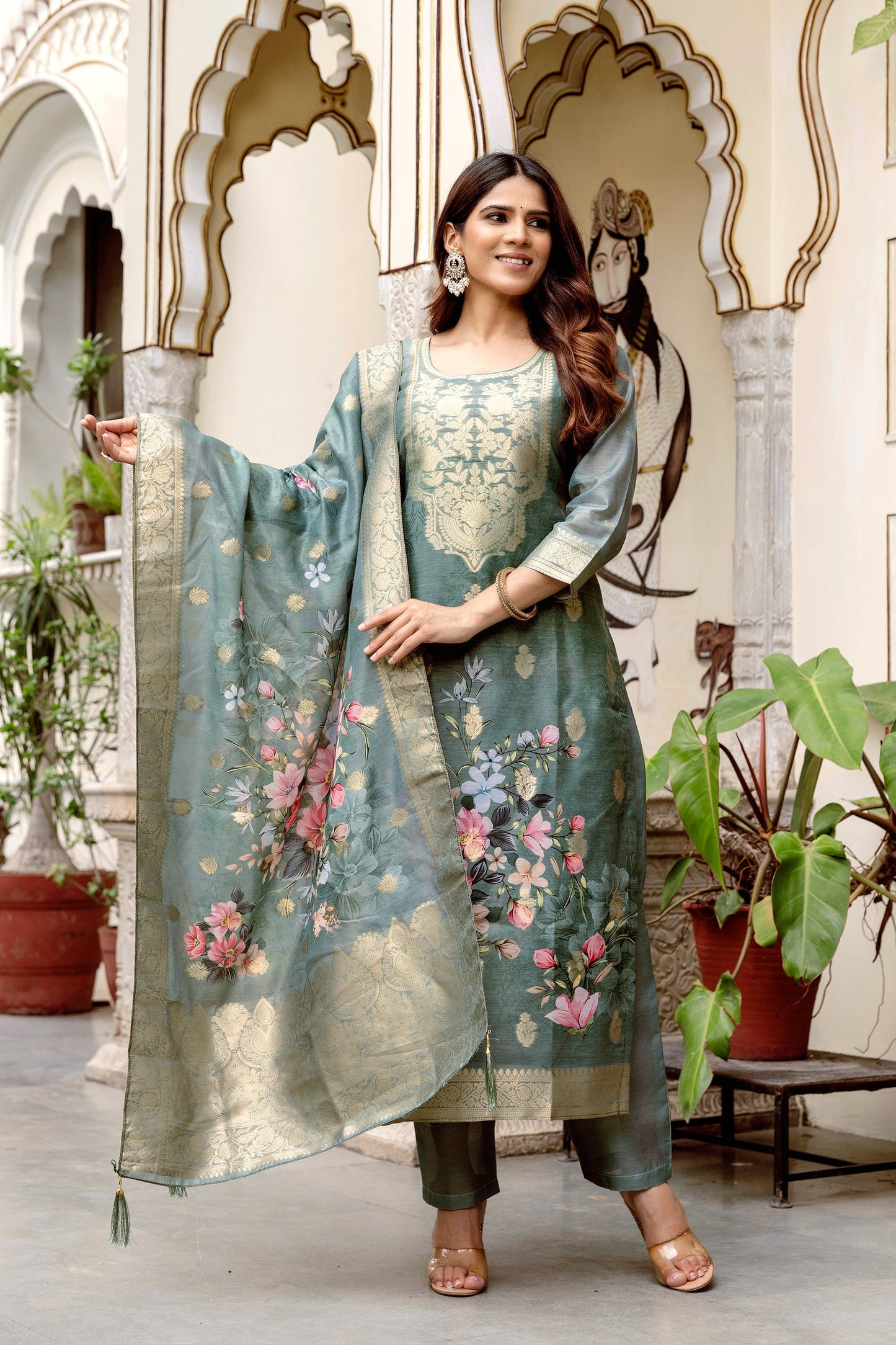 Grey Chanderi Cotton Printed Suit Set