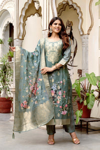 Grey Chanderi Cotton Printed Suit Set