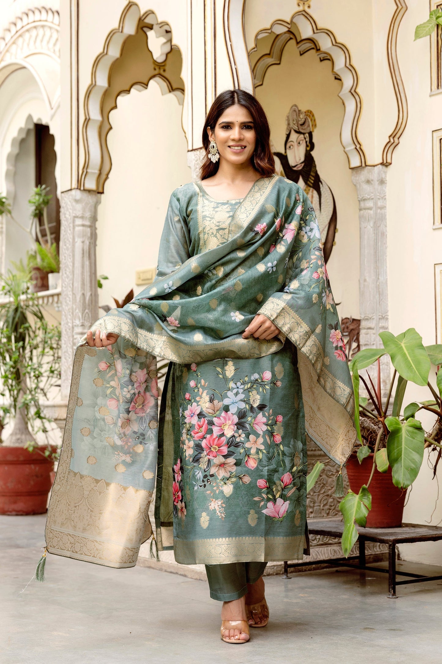 Grey Chanderi Cotton Printed Suit Set