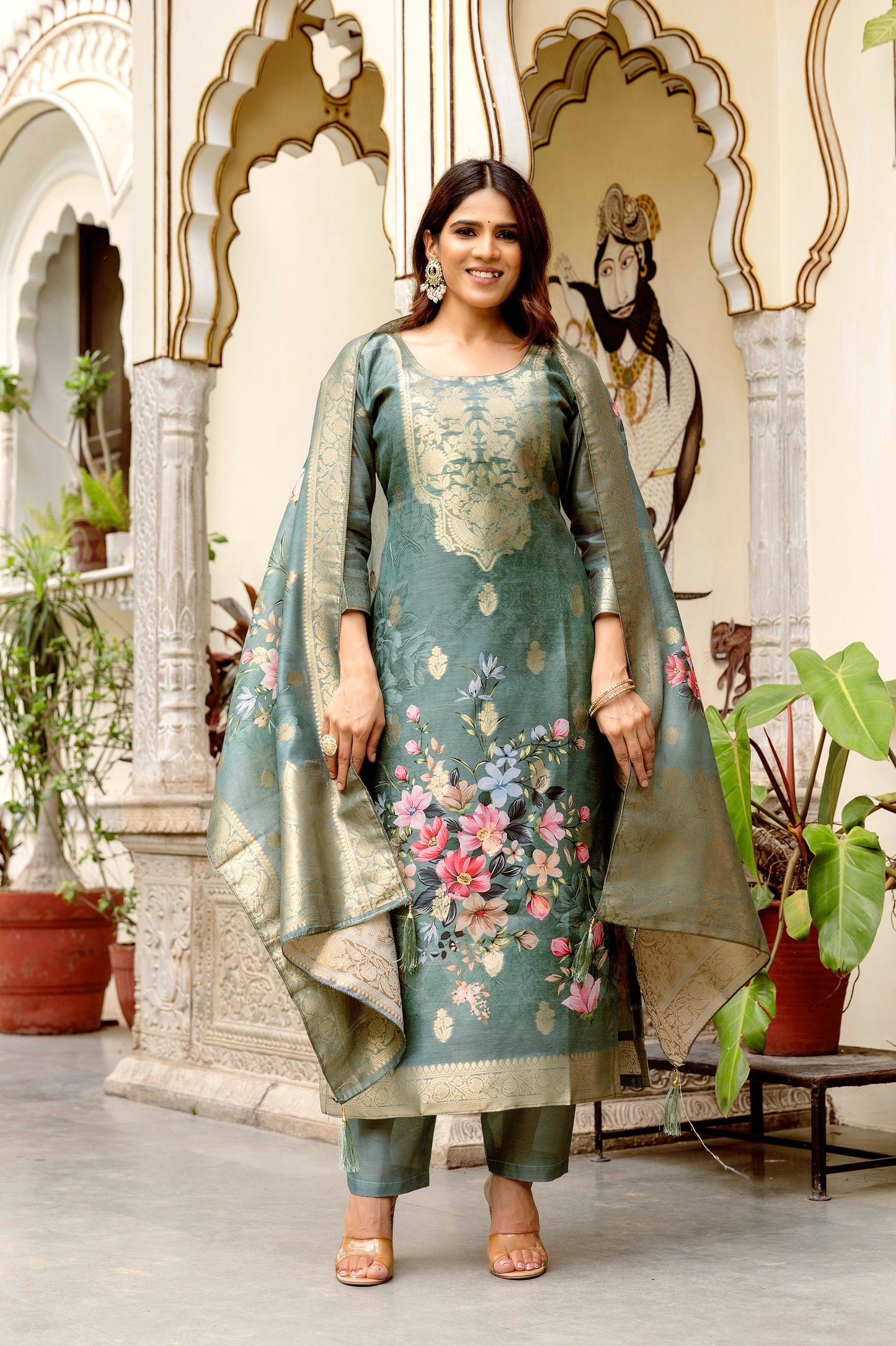 Grey Chanderi Cotton Printed Suit Set