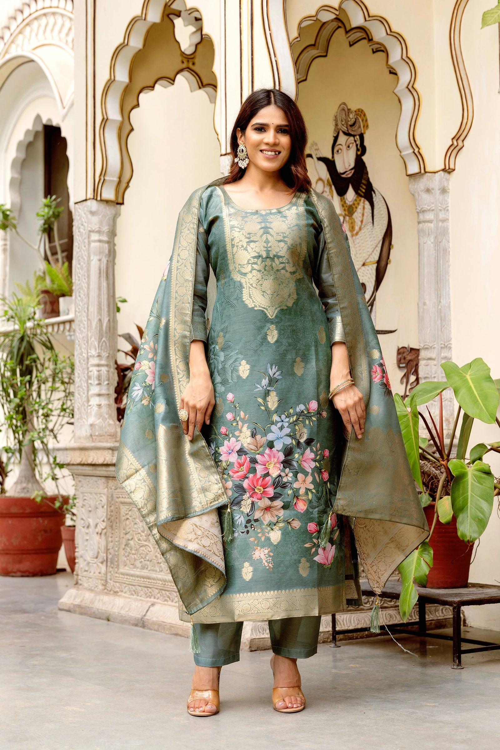 Grey Chanderi Cotton Printed Suit Set