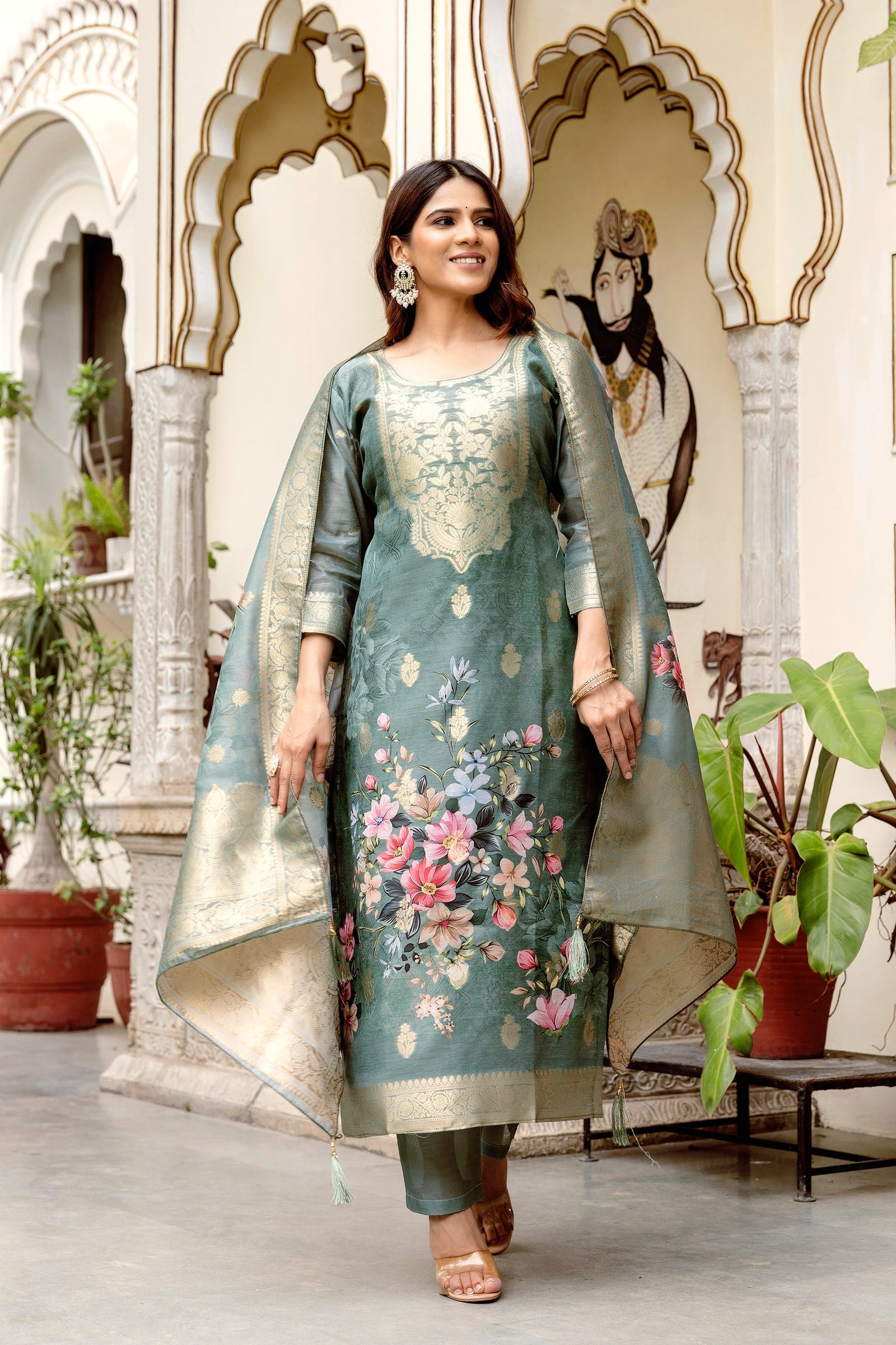 Grey Chanderi Cotton Printed Suit Set