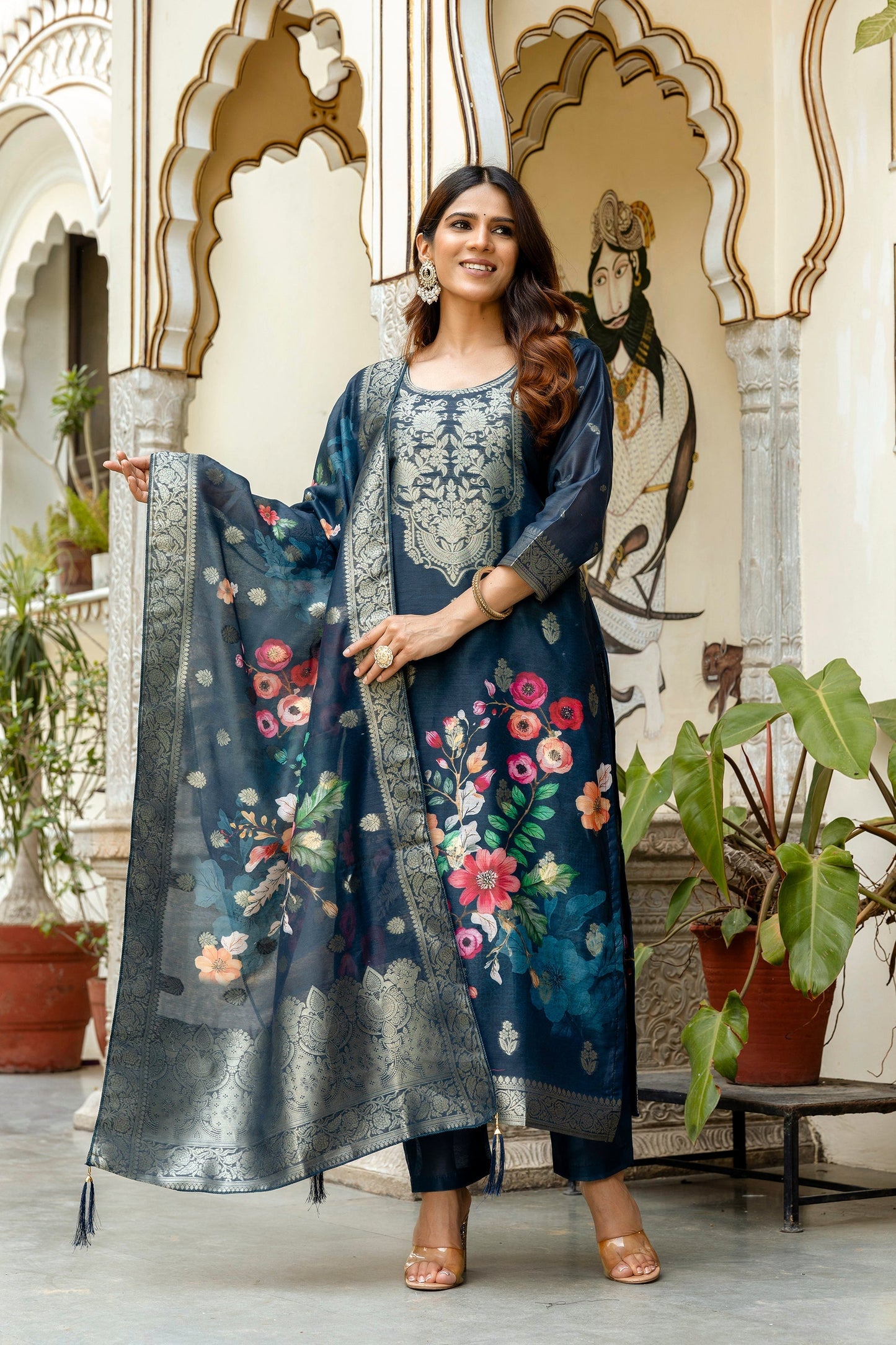 Navy Blue Chanderi Cotton Printed Suit Set