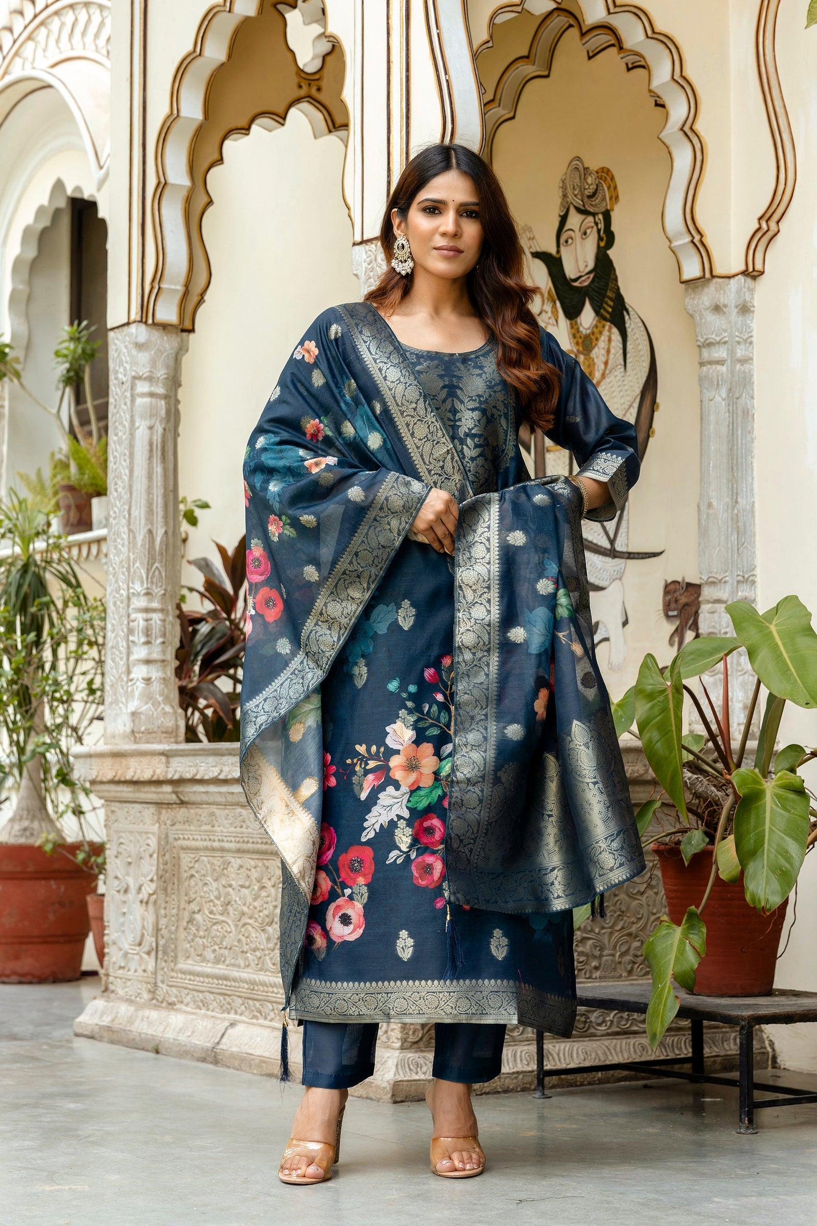 Navy Blue Chanderi Cotton Printed Suit Set