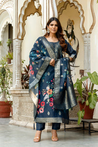 Navy Blue Chanderi Cotton Printed Suit Set
