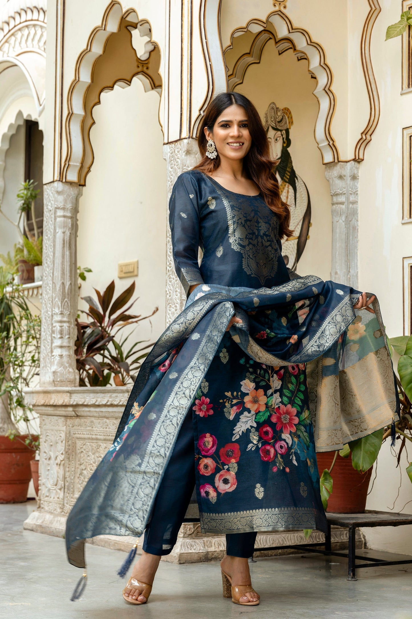 Navy Blue Chanderi Cotton Printed Suit Set