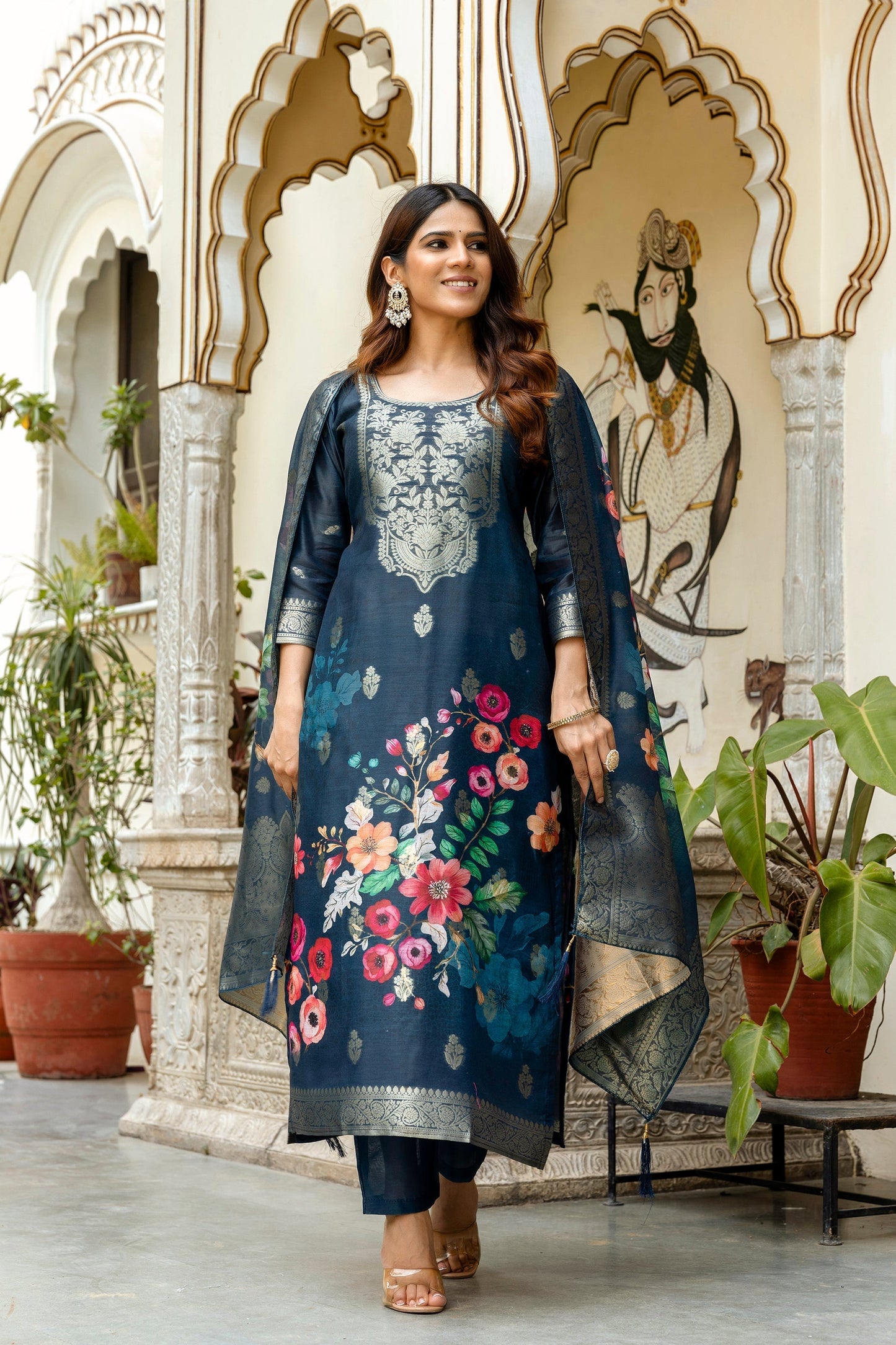 Navy Blue Chanderi Cotton Printed Suit Set