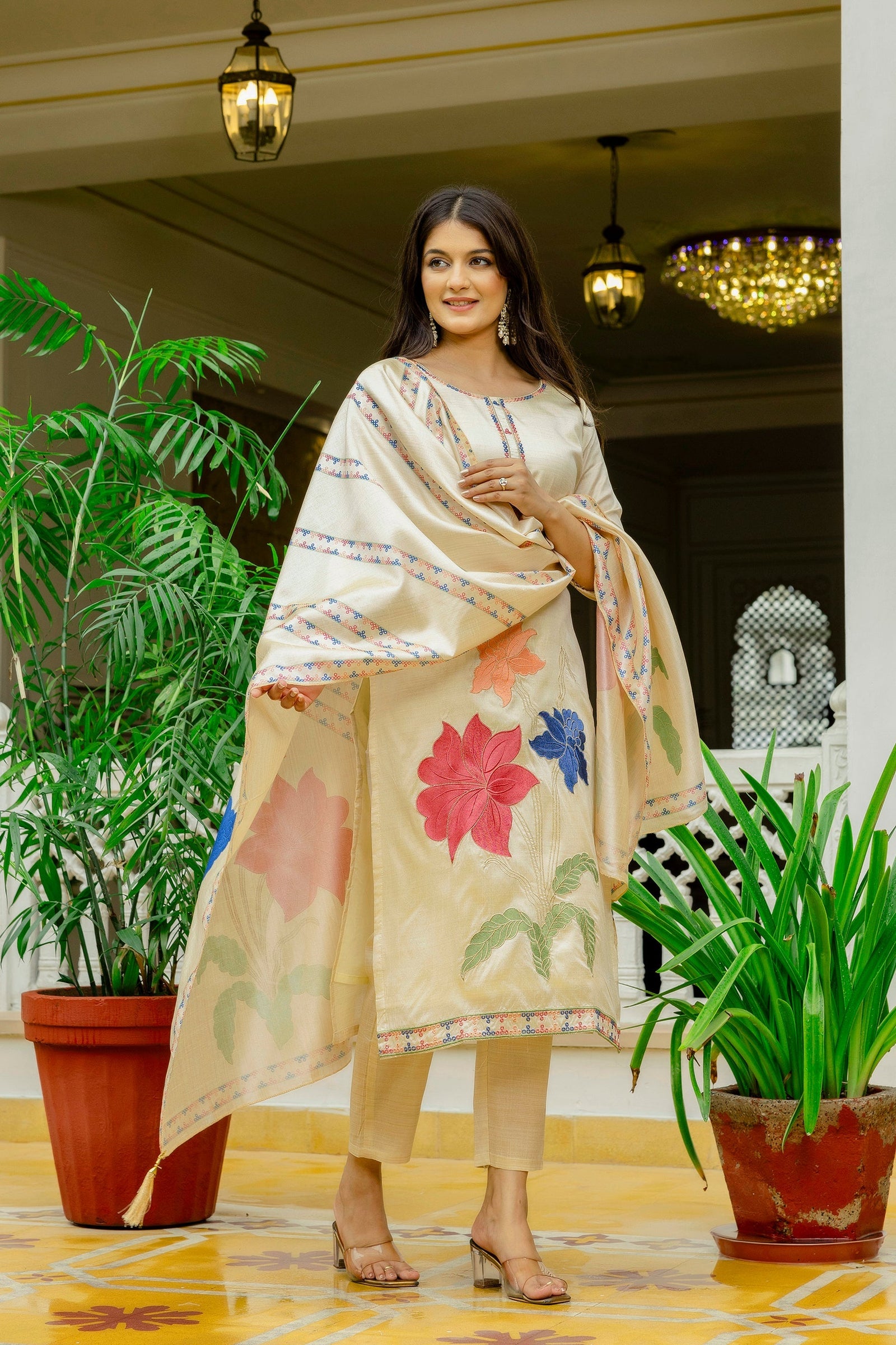 Beige Assam Silk Embroidered Suit Set