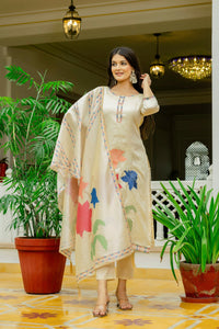 Beige Assam Silk Embroidered Suit Set