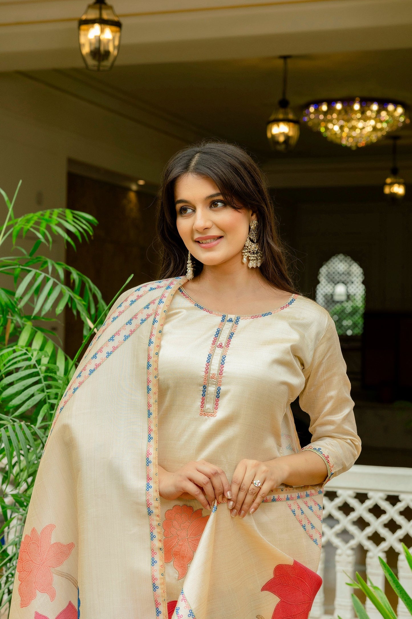Beige Assam Silk Embroidered Suit Set