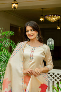 Beige Assam Silk Embroidered Suit Set