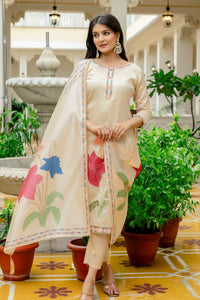 Beige Assam Silk Embroidered Suit Set