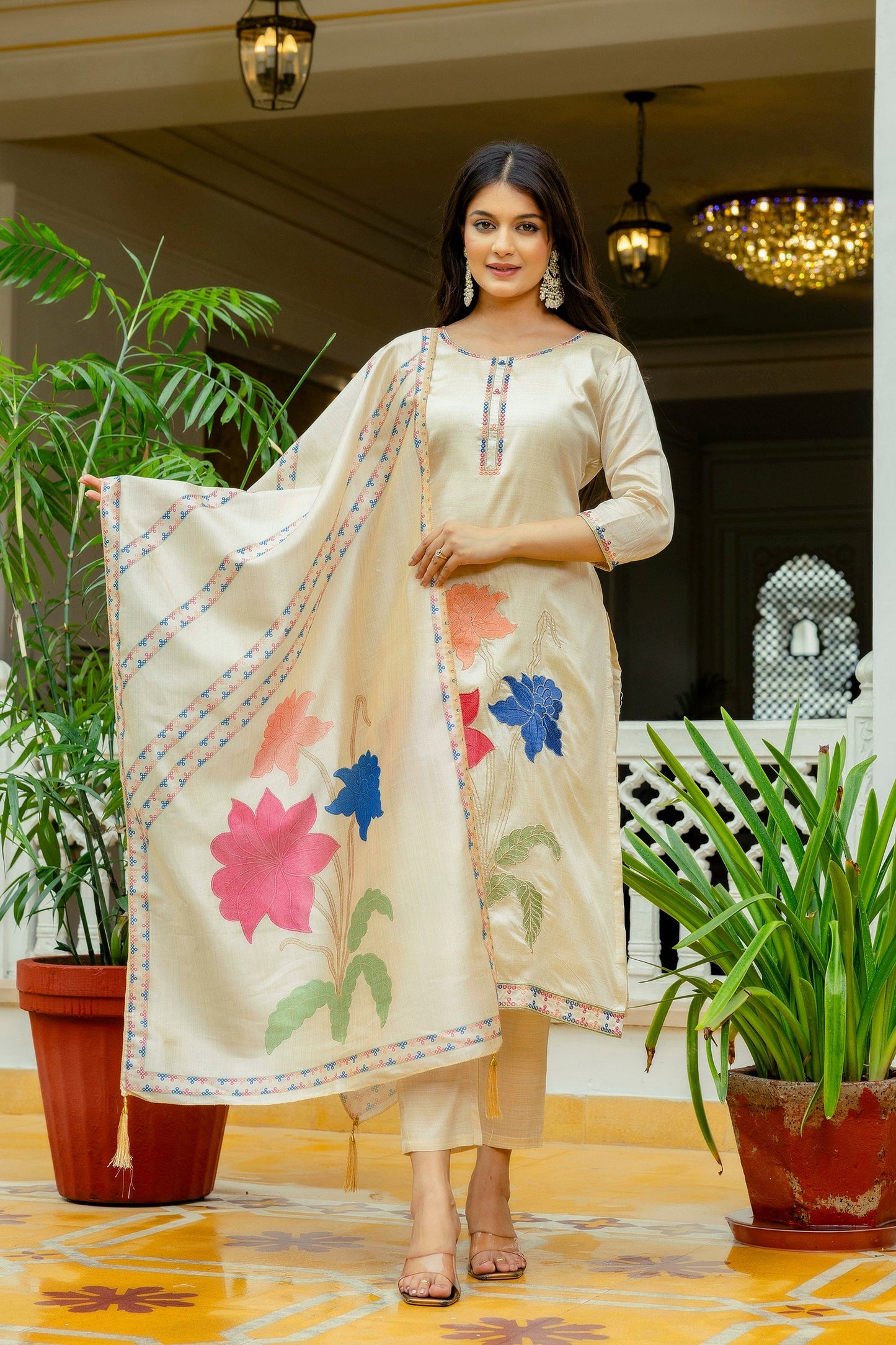 Beige Assam Silk Embroidered Suit Set