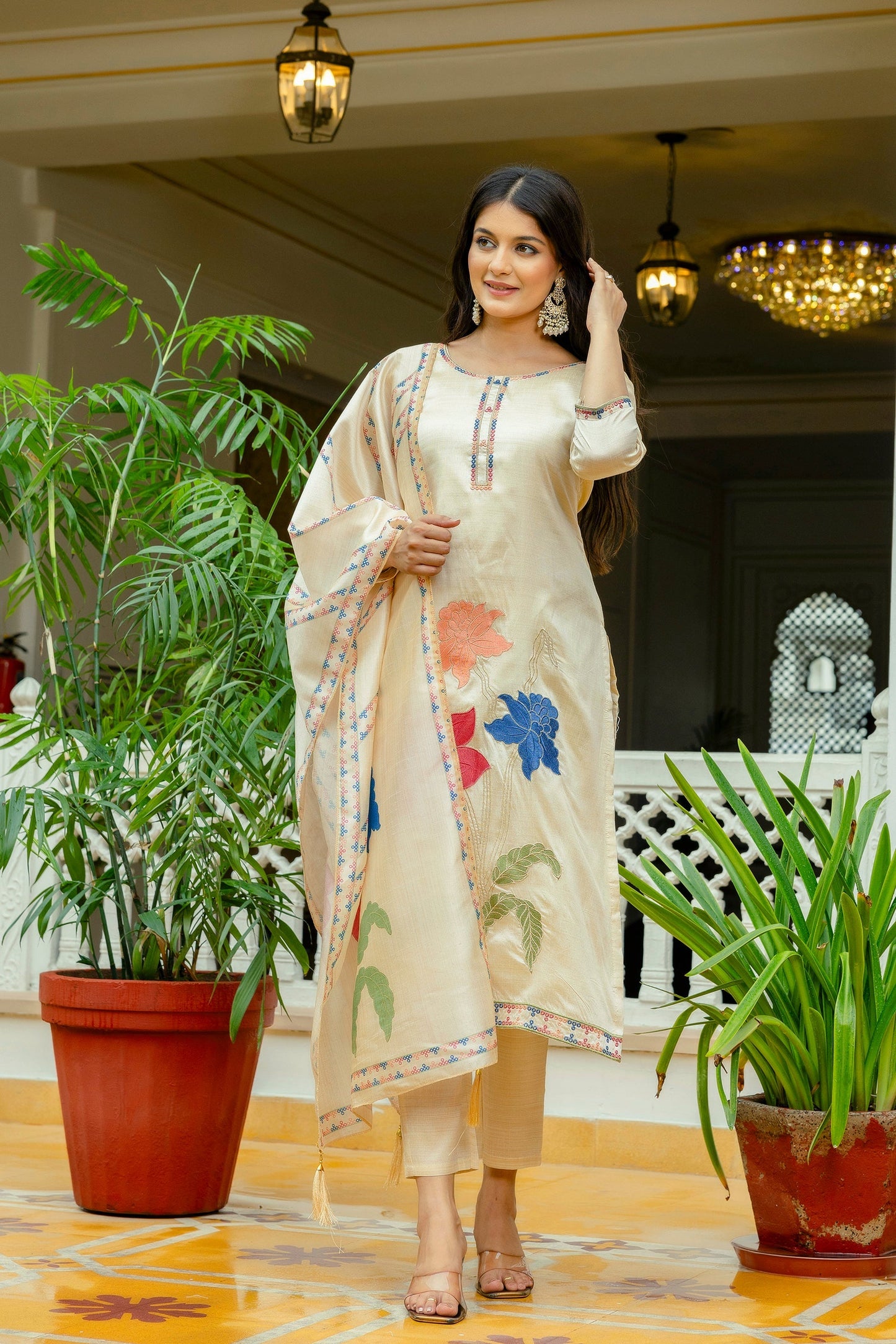 Beige Assam Silk Embroidered Suit Set