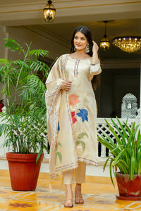Beige Assam Silk Embroidered Suit Set