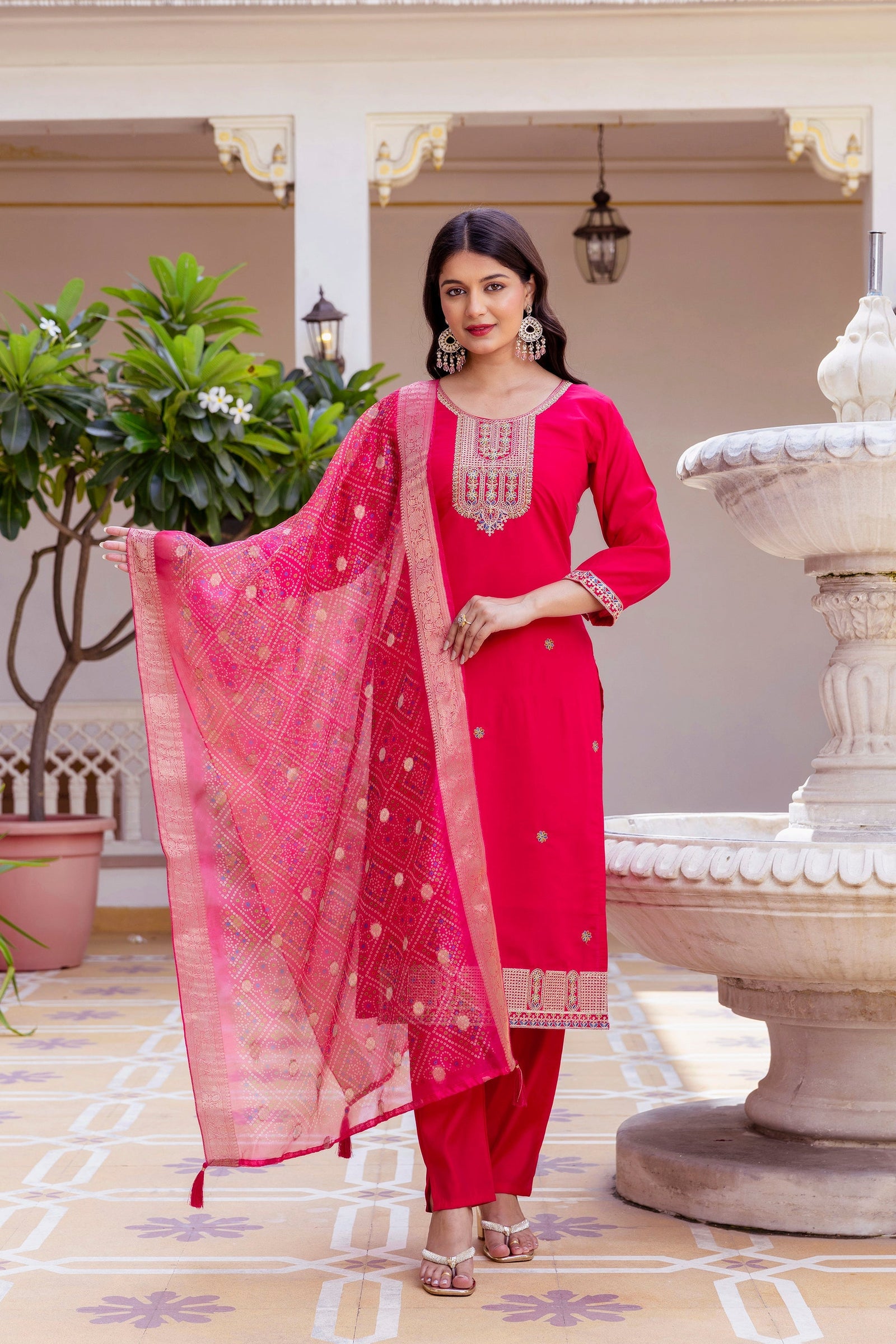 Pink Chanderi Embroidered Suit Set