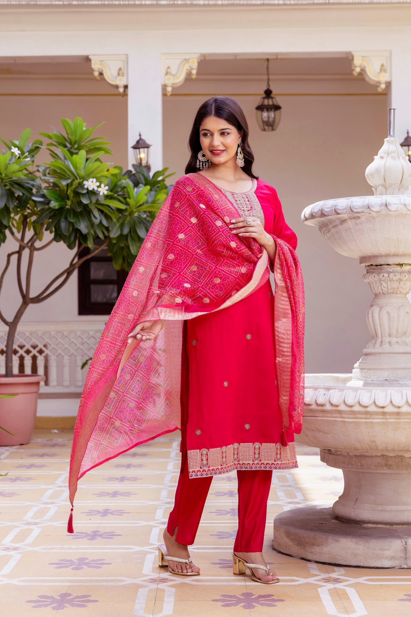 Pink Chanderi Embroidered Suit Set