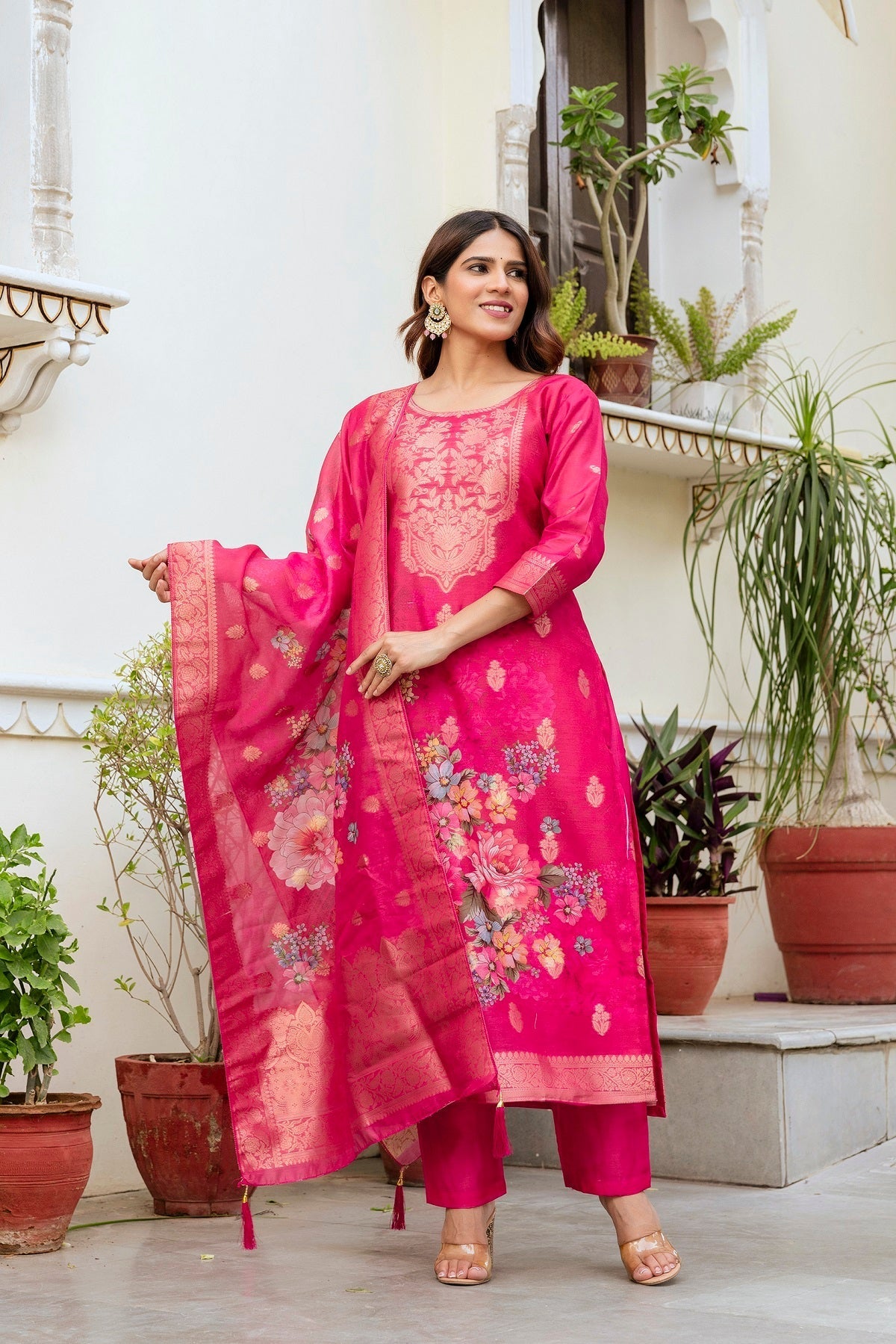 Pink Chanderi Cotton Printed Suit Set