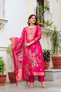 Pink Chanderi Cotton Printed Suit Set