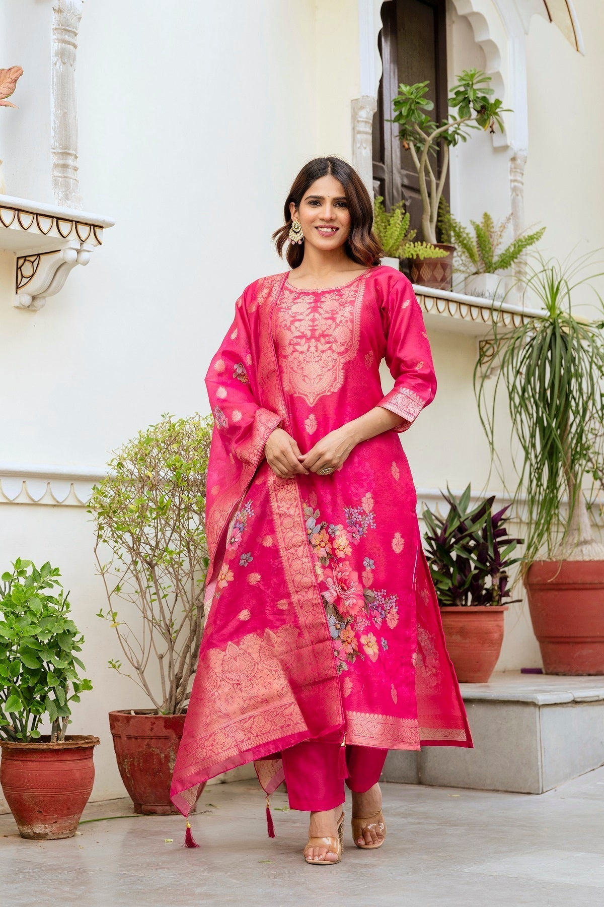 Pink Chanderi Cotton Printed Suit Set