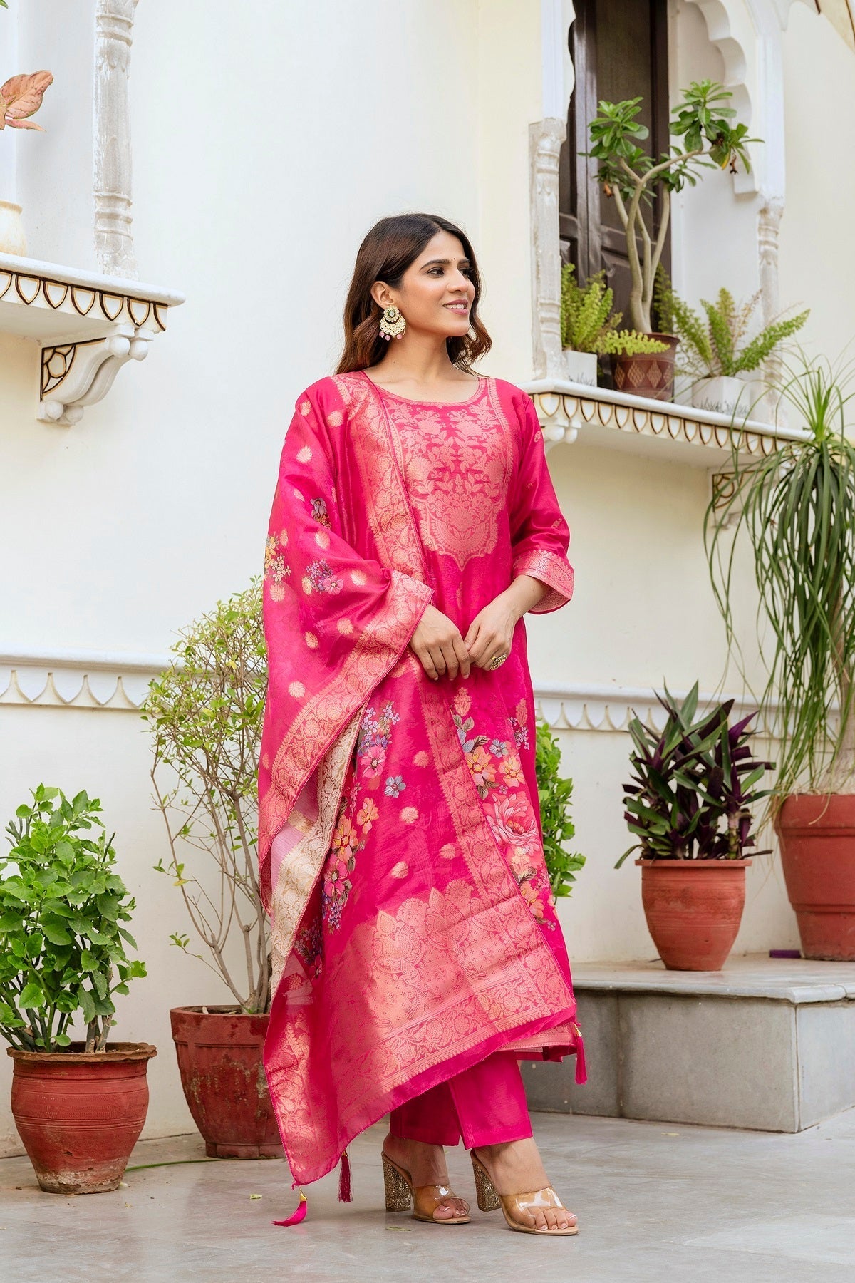 Pink Chanderi Cotton Printed Suit Set