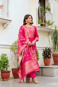 Pink Chanderi Cotton Printed Suit Set