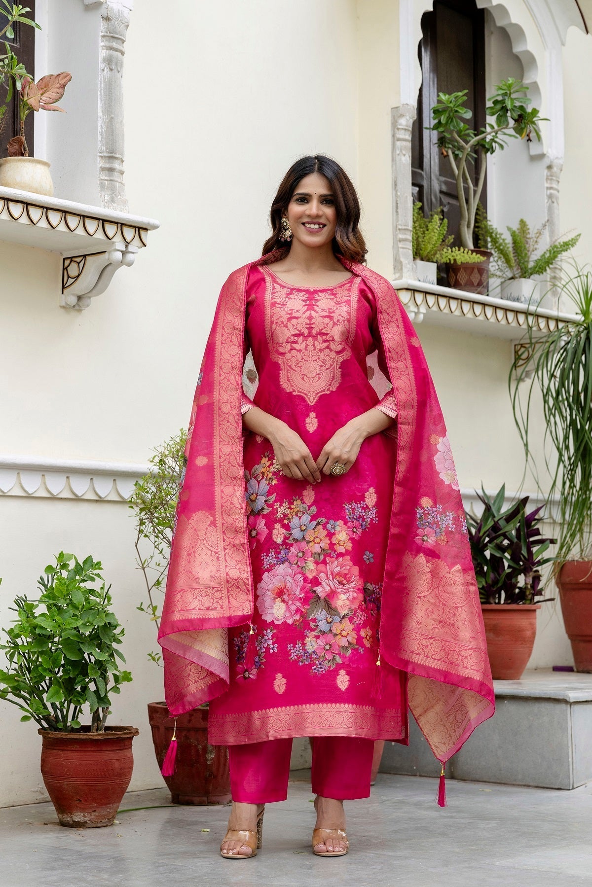 Pink Chanderi Cotton Printed Suit Set