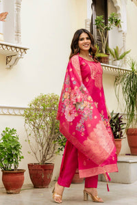 Pink Chanderi Cotton Printed Suit Set