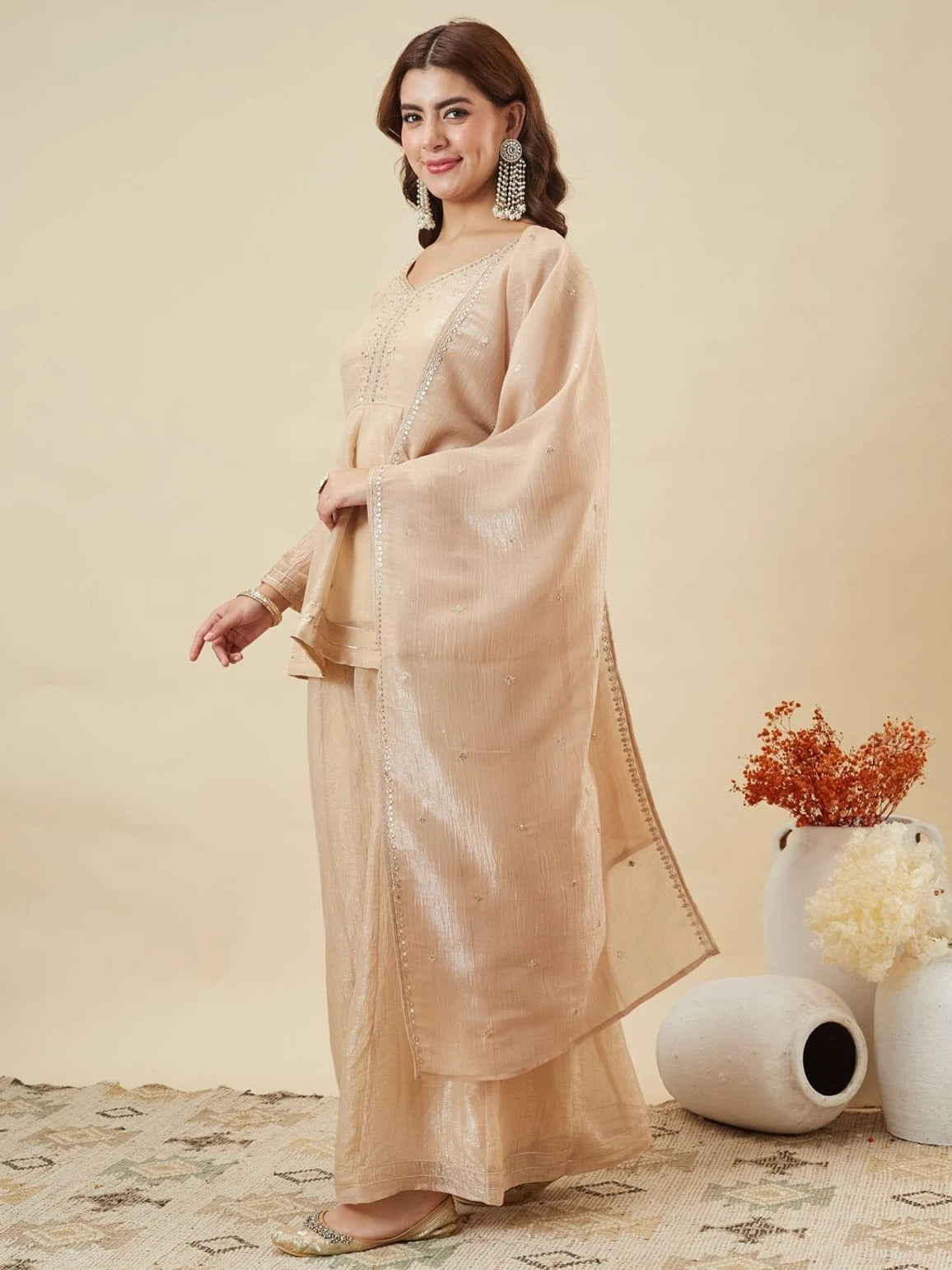 Cream Crunchy Silk Embroidered Sharara Set