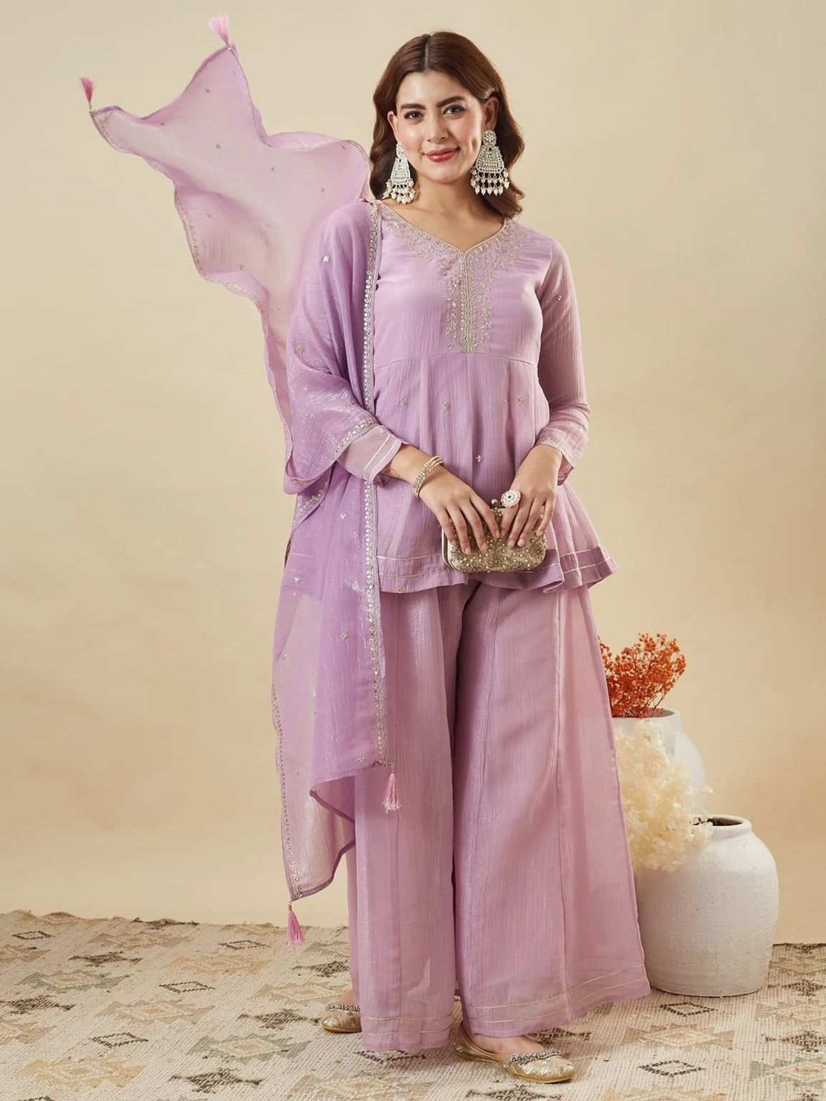 Lavander Crunchy Silk Embroidered Sharara Set