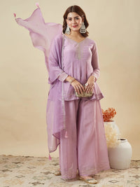 Lavander Crunchy Silk Embroidered Sharara Set