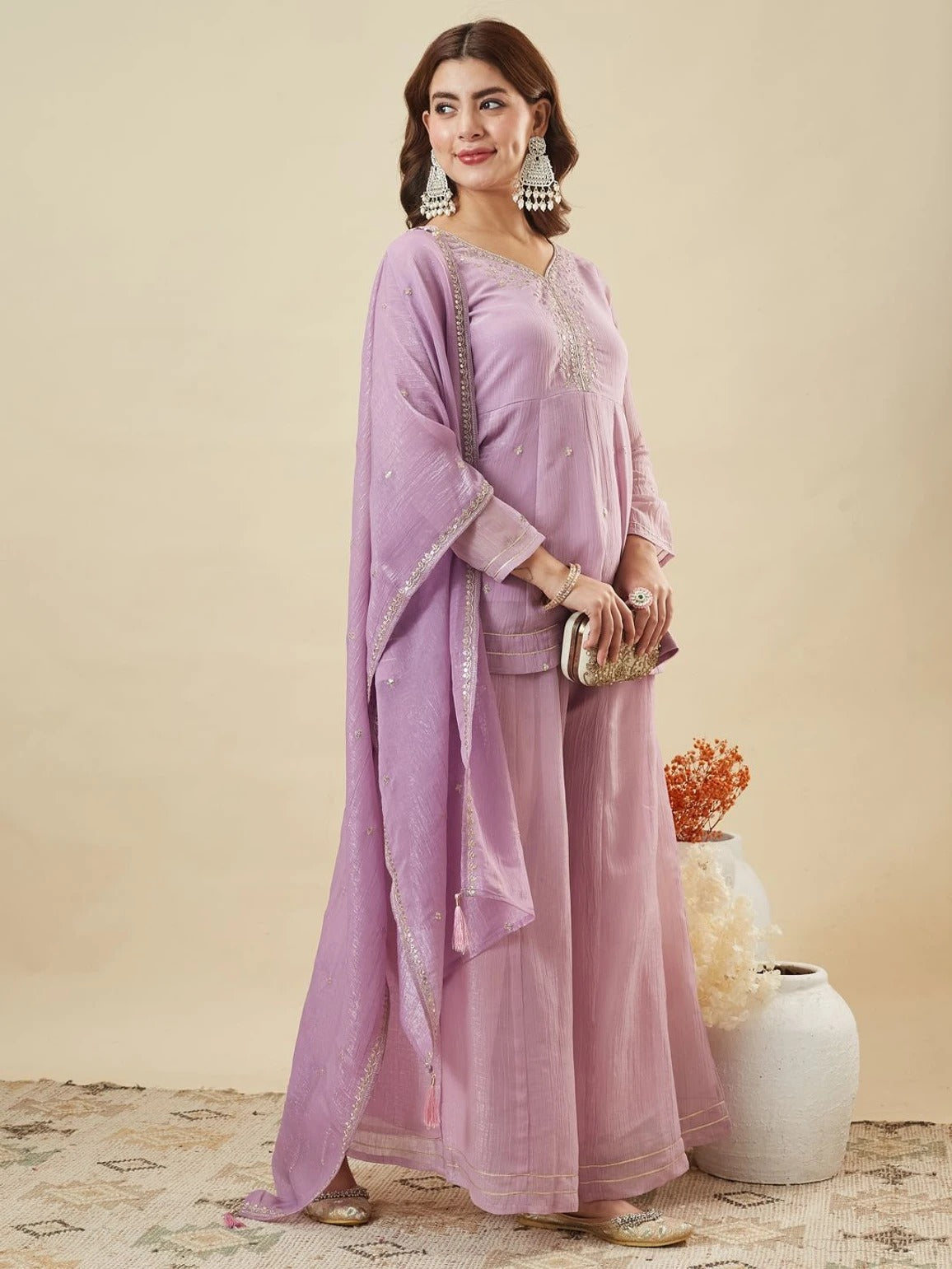 Lavander Crunchy Silk Embroidered Sharara Set