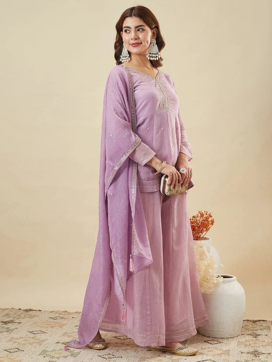 Lavander Crunchy Silk Embroidered Sharara Set
