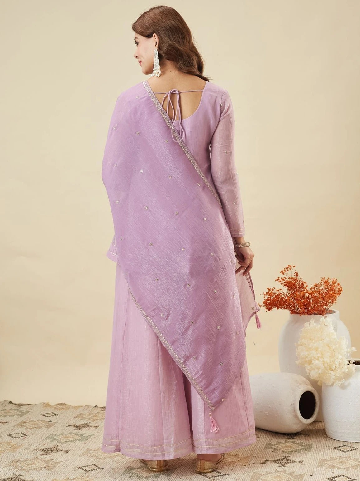 Lavander Crunchy Silk Embroidered Sharara Set