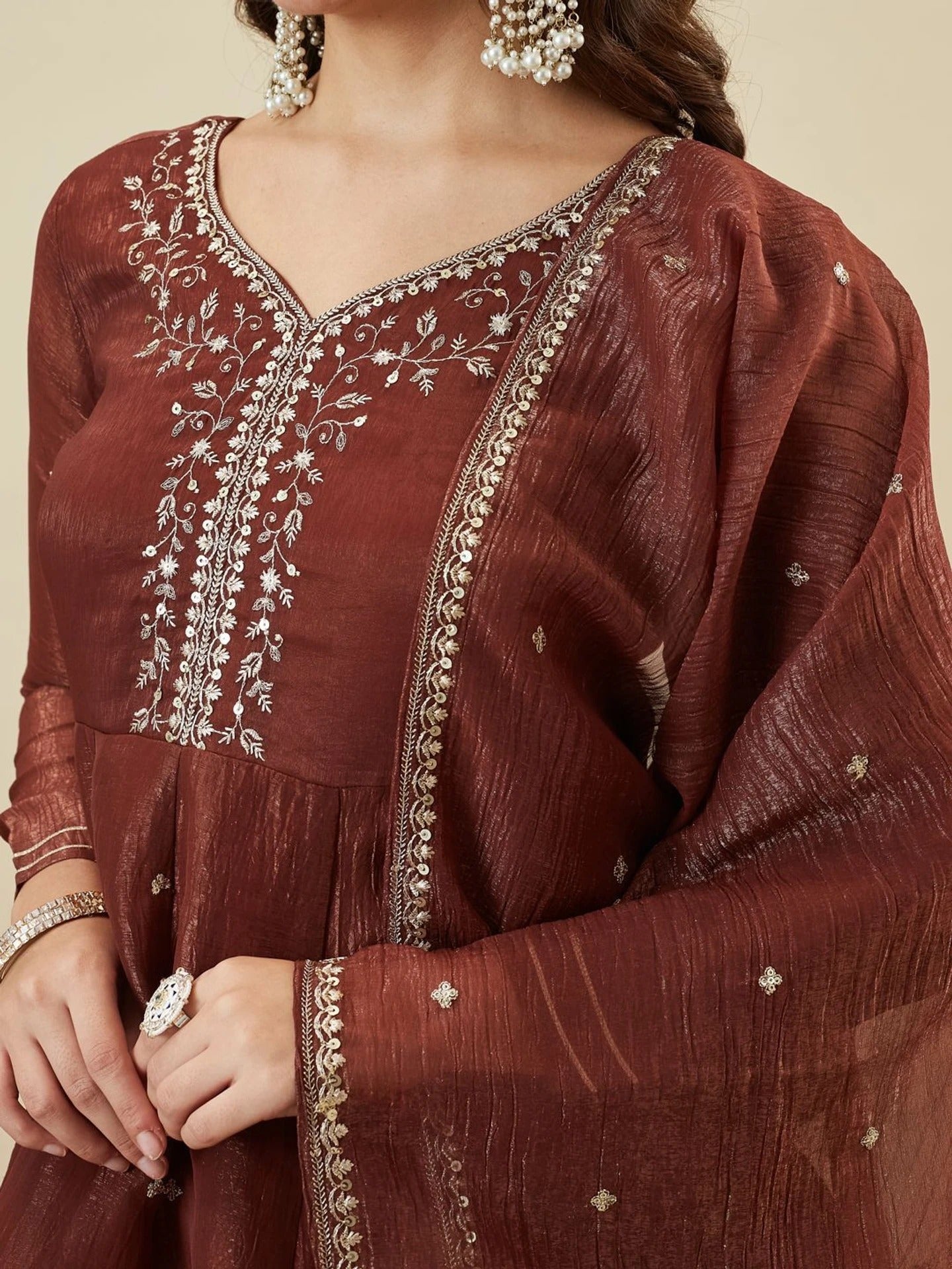 Maroon Crunchy Silk Embroidered Sharara Set
