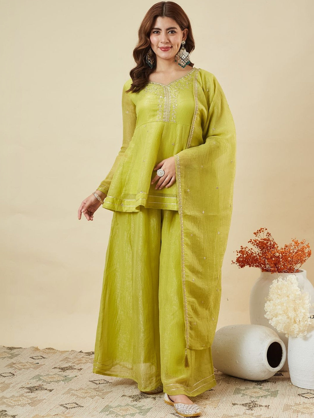 Lemon Yellow Crunchy Silk Embroidered Sharara Set