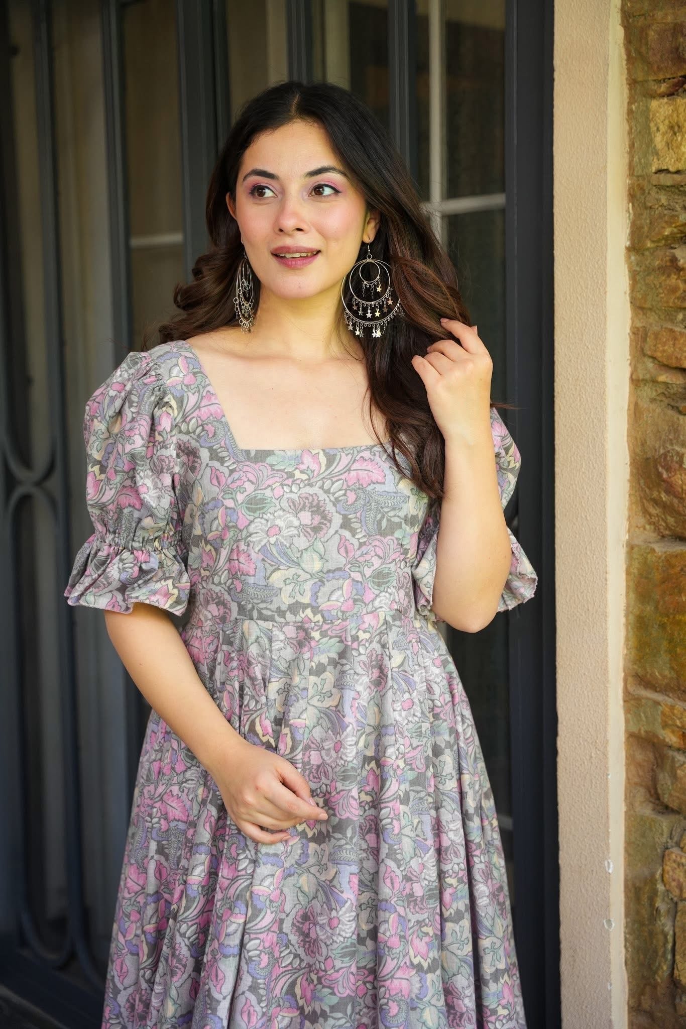 Grey Embroidered Poly Rayon Gown