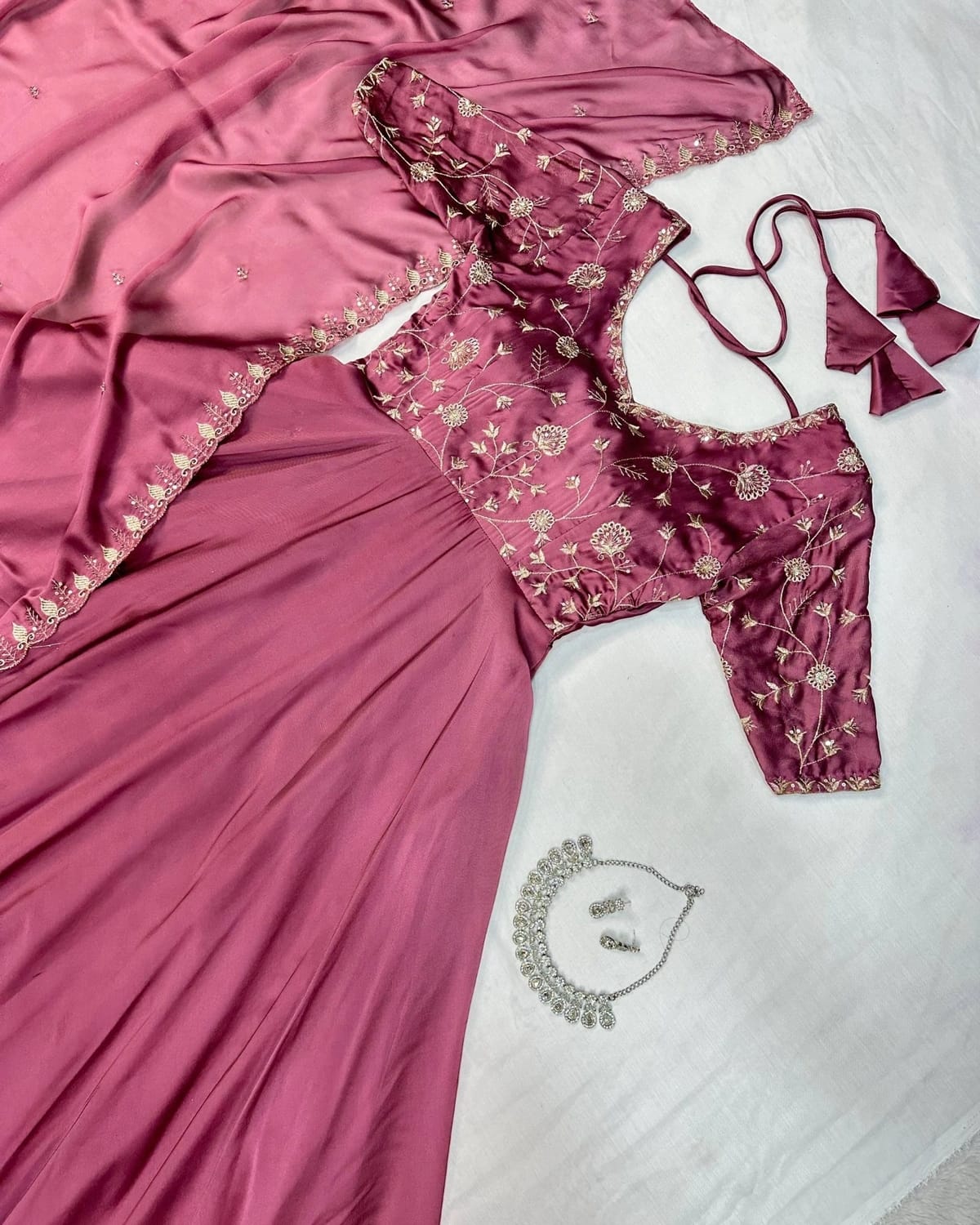 Onion Embroidered Vichitra Anarkali Set