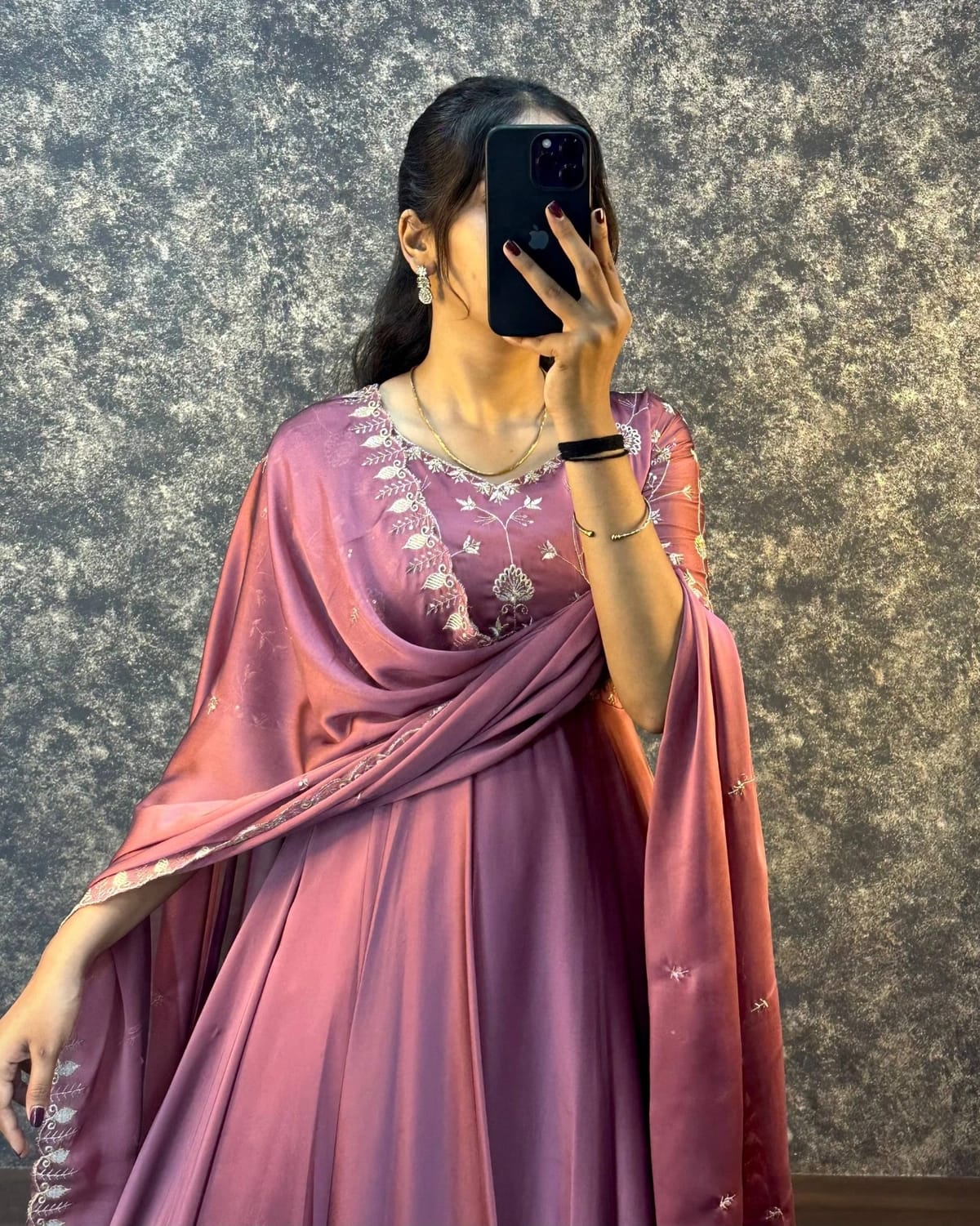 Onion Embroidered Vichitra Anarkali Set