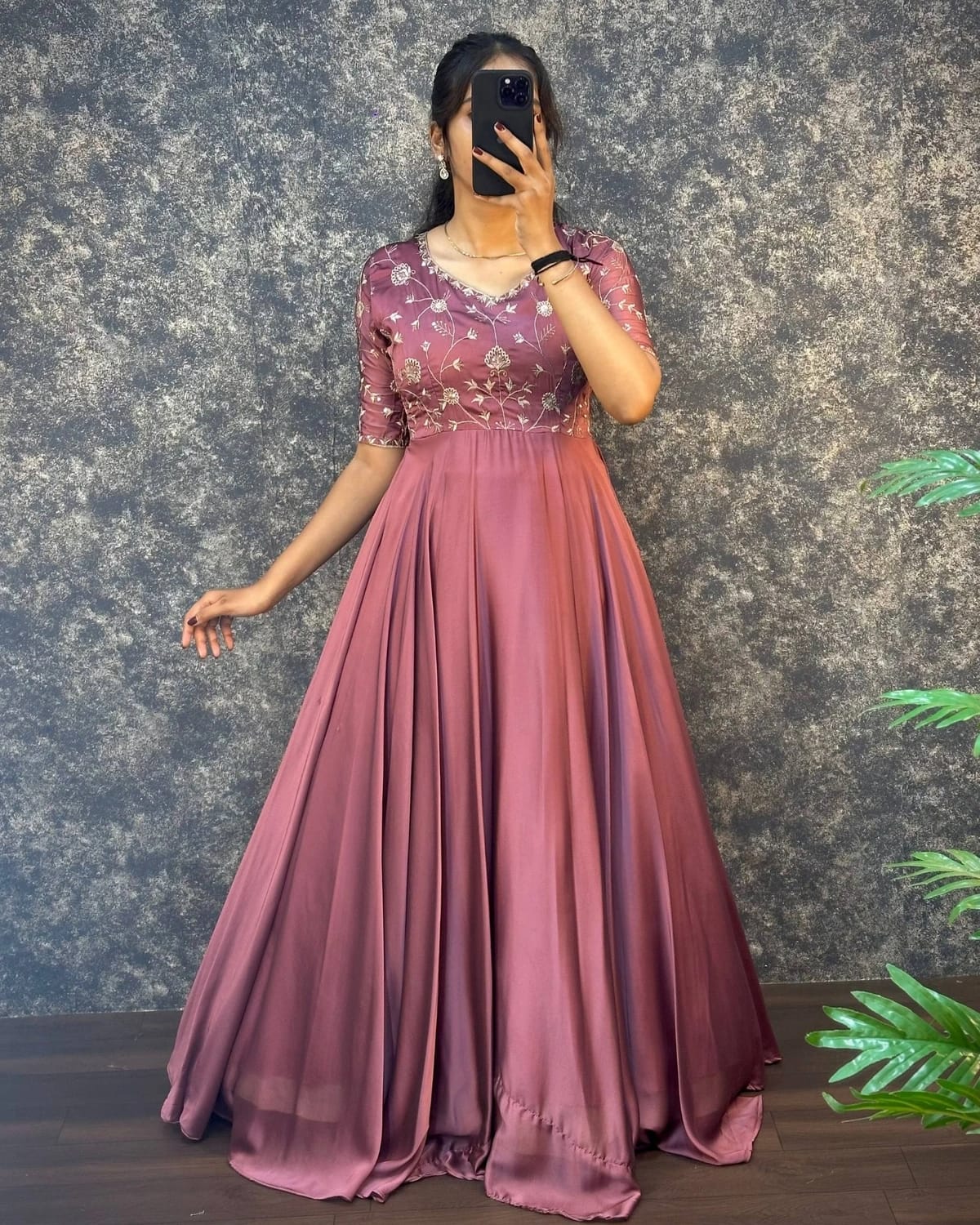 Onion Embroidered Vichitra Anarkali Set