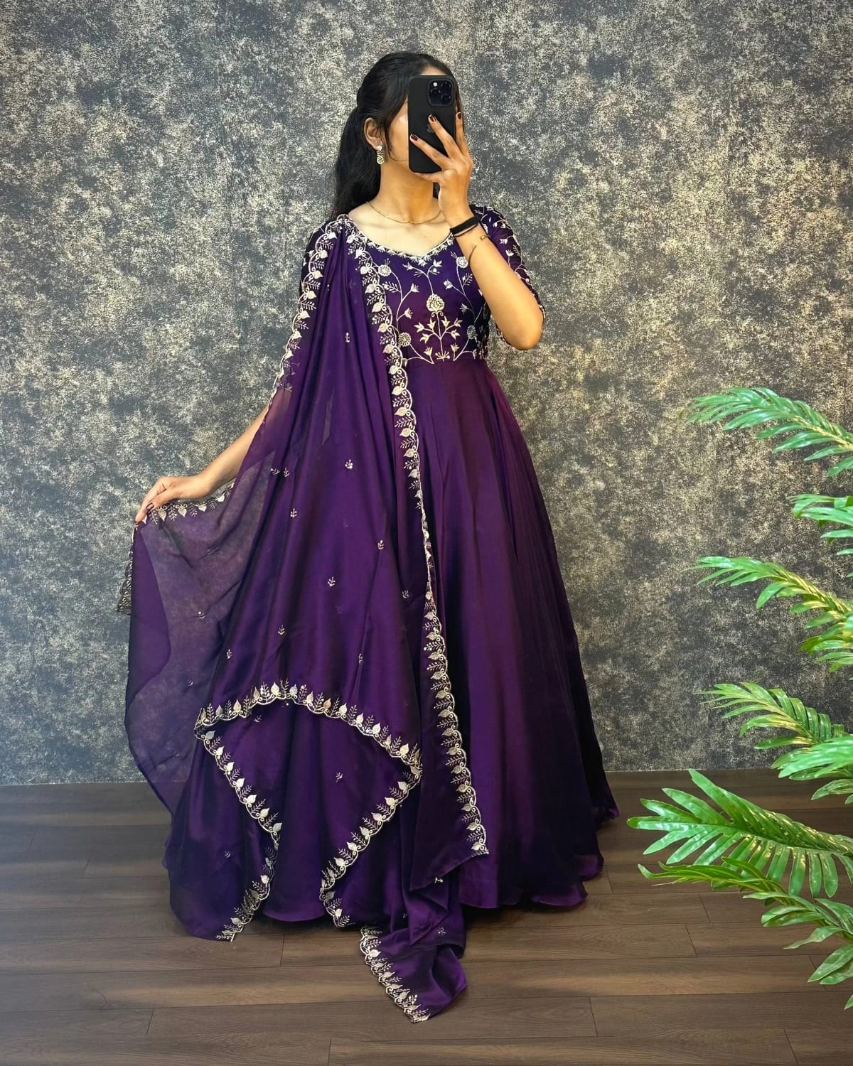 Wine Embroidered Vichitra Anarkali Set