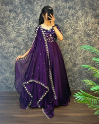 Wine Embroidered Vichitra Anarkali Set