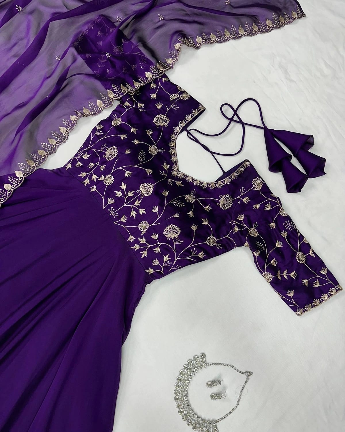 Wine Embroidered Vichitra Anarkali Set